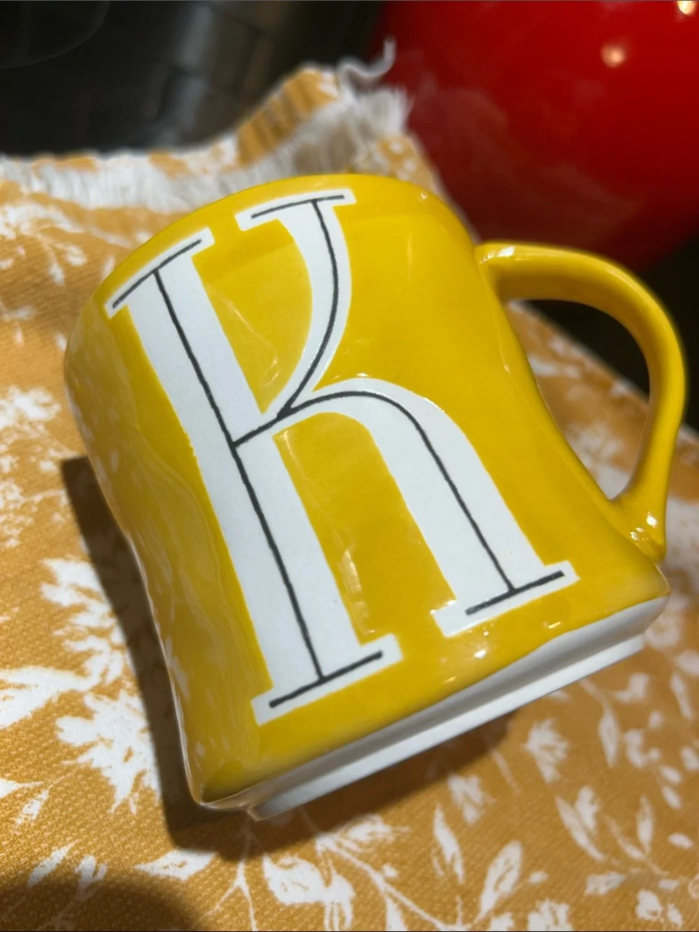 Anthropologie Yellow and White Hand-Painted Ceramic Mug with letter K